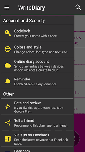 Menu and useful diary functions.